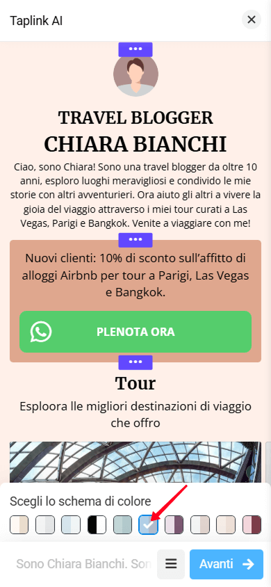 Una pagina arancione nell’interfaccia Taplink AI