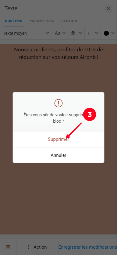 Sélectionner Supprimer dans la fenêtre contextuelle des paramètres du bloc Texte