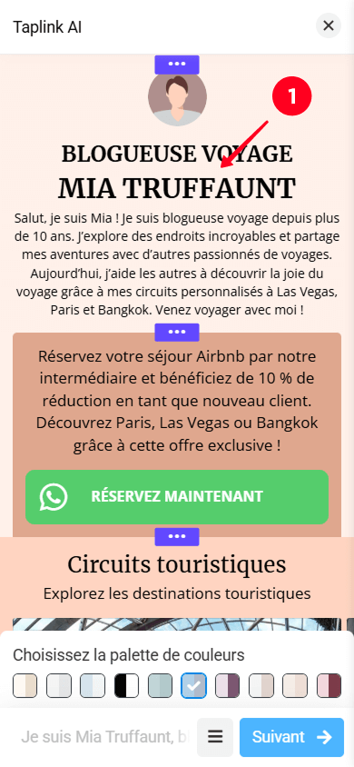 Appuyer sur la section dans l’interface Taplink AI