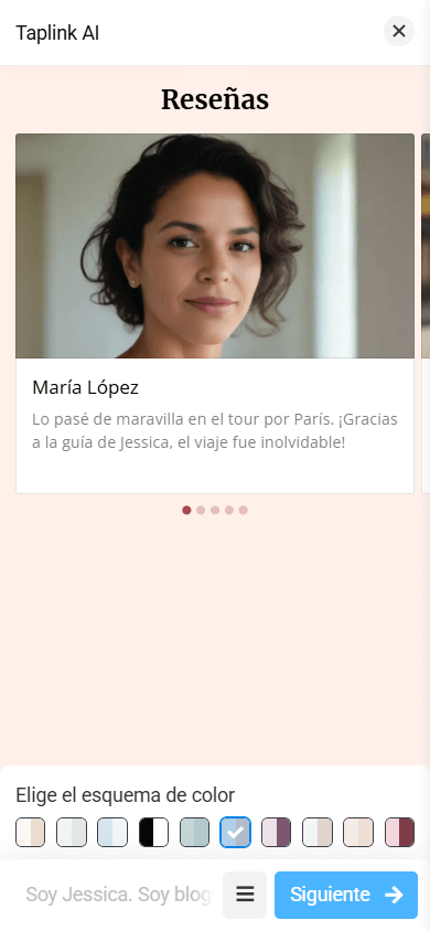 La sección Reseñas con un diseño que incluye una imagen grande, nombre y texto