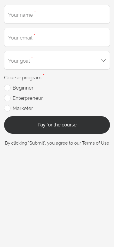A course payment form created with the Form and payments block in Taplink