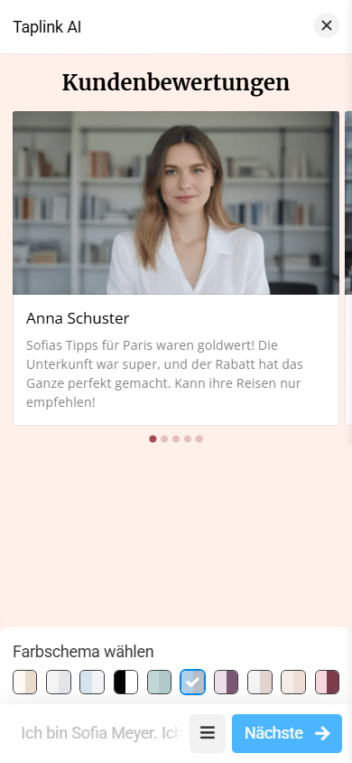 Das Bewertungen-Layout mit großem Bild, Name und Text