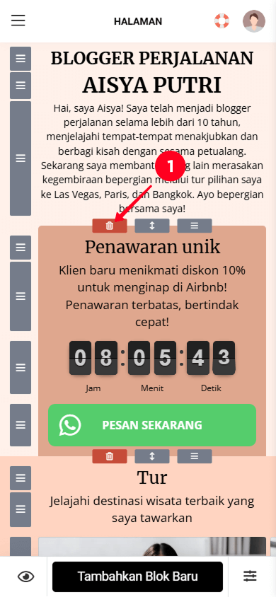 Mengetuk ikon tempat sampah untuk menghapus bagian di pembuat Taplink