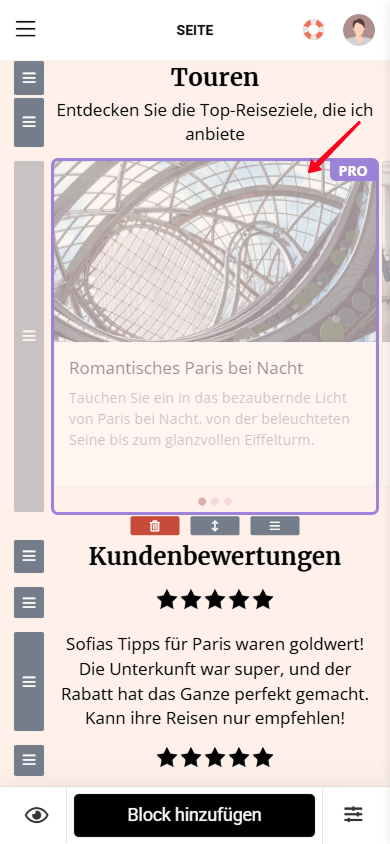 Ein Bild-Karussell-Block mit einem Pro-Label im Taplink-Seiteneditor
