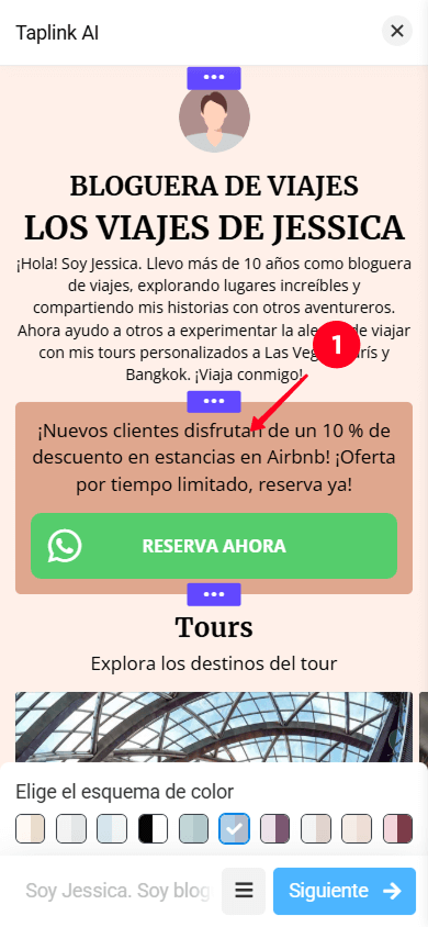 Tocando la sección Oferta comercial única en Taplink AI