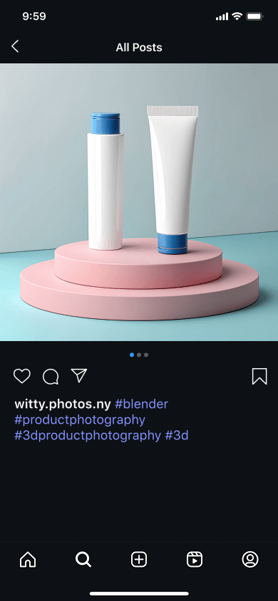 A 3D product image with product photo hashtags below on the photographer’s Instagram profile