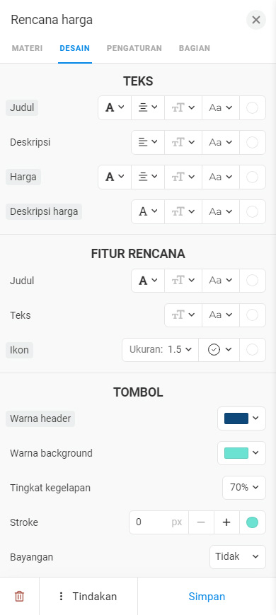 Pengaturan tampilan teks, fitur paket, tombol di blok Rencana harga