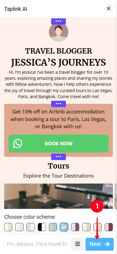 Tapping the Next button in the Taplink AI page builder