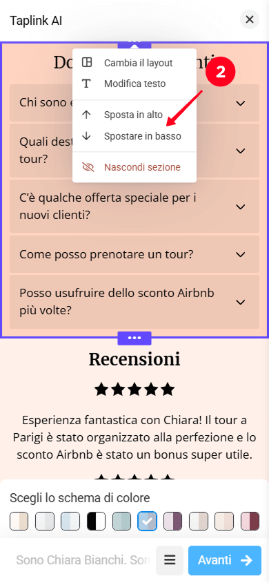 Selezione di Sposta in alto e Spostare in basso nel menu delle impostazioni della sezione