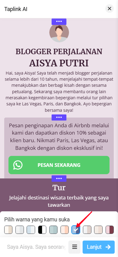 Halaman AI Taplink yang menampilkan skema warna merah muda