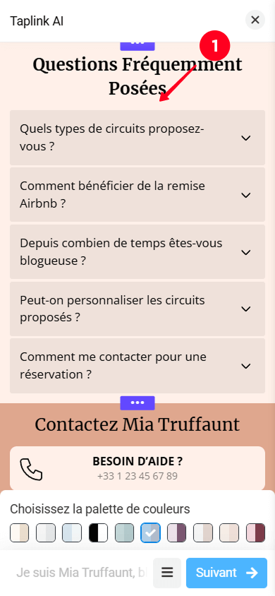 Appuyer sur la section FAQ dans l’interface de la page Taplink AI