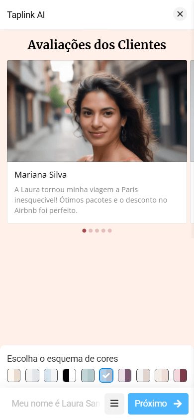 O layout da seção Avaliações com imagem grande, nome e texto