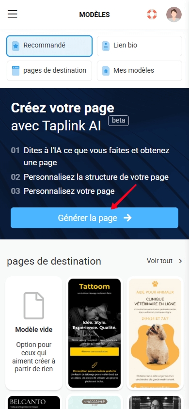 Appuyer sur le bouton Générer la page dans l’interface de Taplink