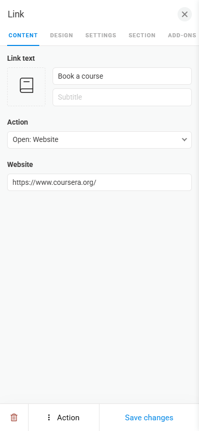 Link block content settings in Taplink