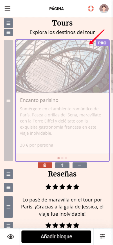 Un bloque Carrusel de imágenes resaltado con una etiqueta Pro en el editor de páginas de Taplink