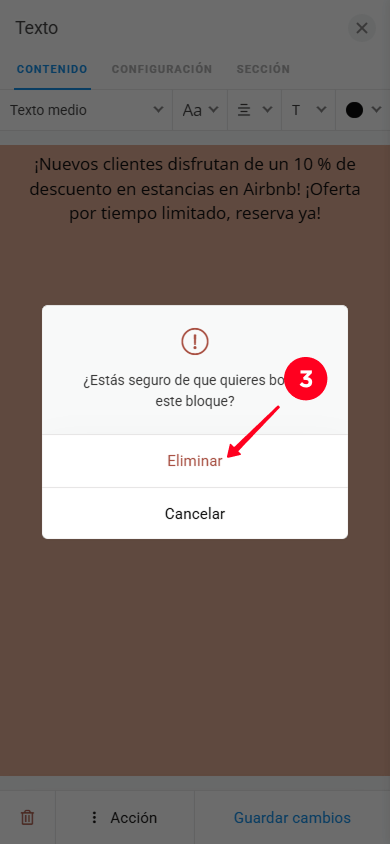 Seleccionando Eliminar en la ventana emergente de la configuración del bloque Texto