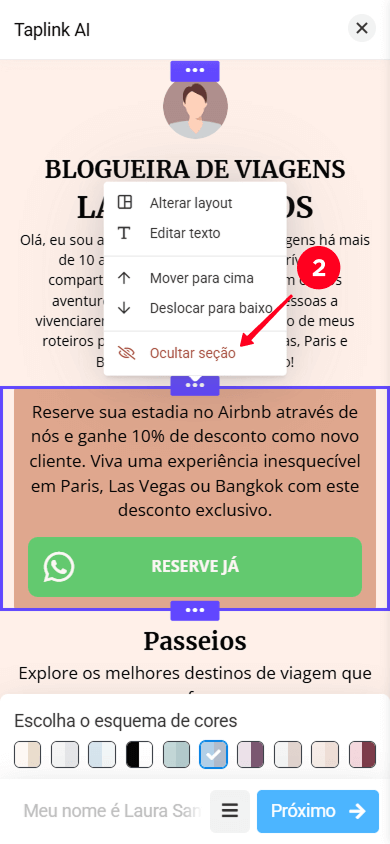 Selecionando a opção Ocultar seção no menu suspenso de configurações da seção