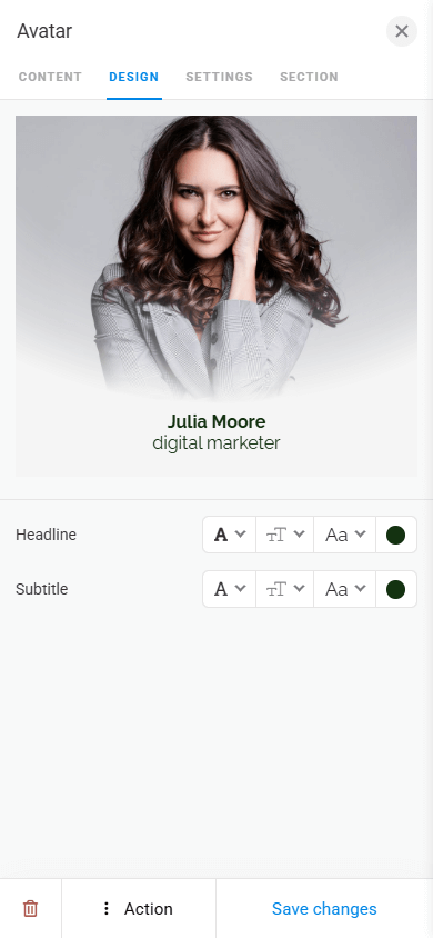 Profile image design customization tab in the Avatar block settings