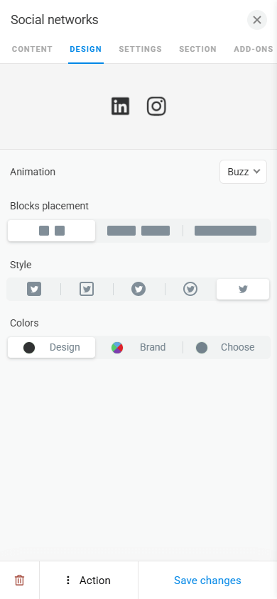 Design customization tab in the Social networks block