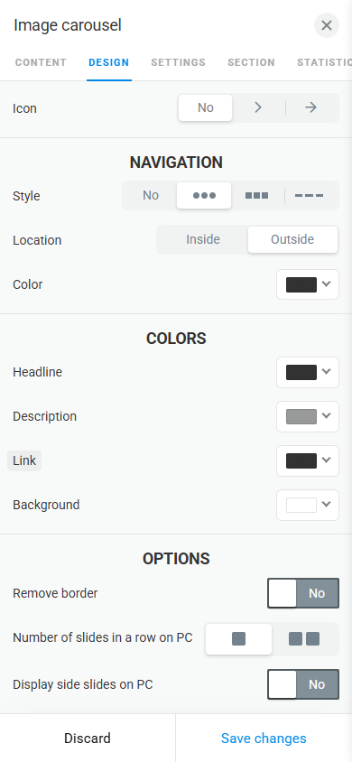 Image carousel block design settings tab in Taplink