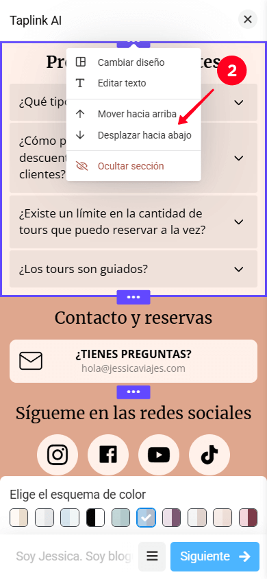 Seleccionando Mover hacia arriba y Desplazar hacia abajo en el menú de configuración de secciones