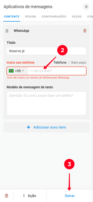 Inserindo um número de telefone e tocando em Salvar nas configurações do bloco de Aplicativos de mensagens