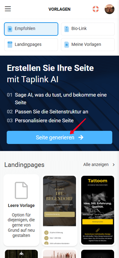 Tippen auf die Seite generieren-Schaltfläche in der Taplink-Oberfläche