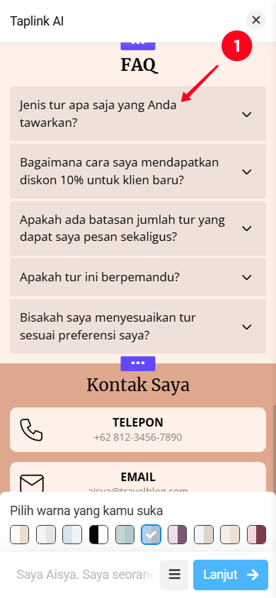 Mengetuk bagian FAQ di antarmuka halaman Taplink AI