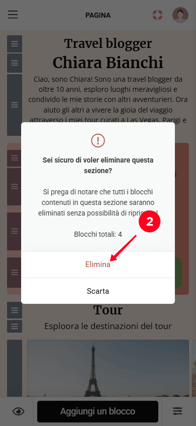 Selezione del pulsante Elimina nella finestra pop-up di Taplink