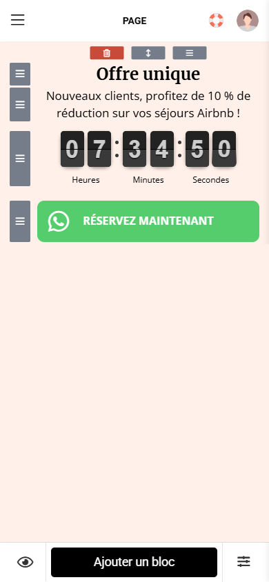 La section Offre limitée composée des blocs Texte, Compte à rebours et Lien dans le créateur Taplink