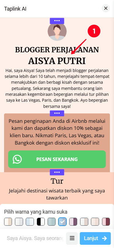 Mengetuk bagian di antarmuka Taplink AI