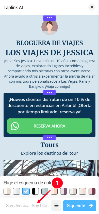 Tocando el campo de descripción del negocio en la interfaz de Taplink AI