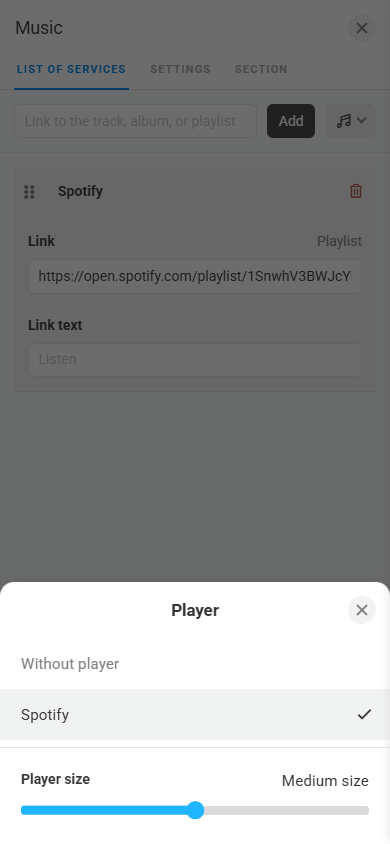 Player size adjustment window in the Music block