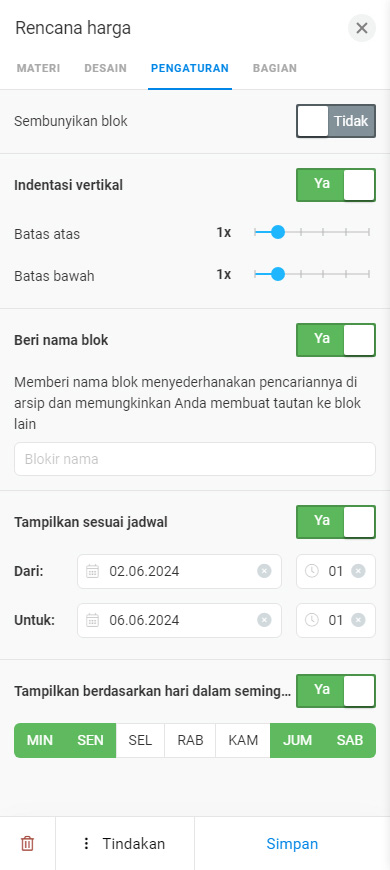 Indentasi Vertikal yang diaktifkan, Tetapkan nama blok, Tampilkan sesuai jadwal, Tampilkan fitur berdasarkan hari dalam seminggu
