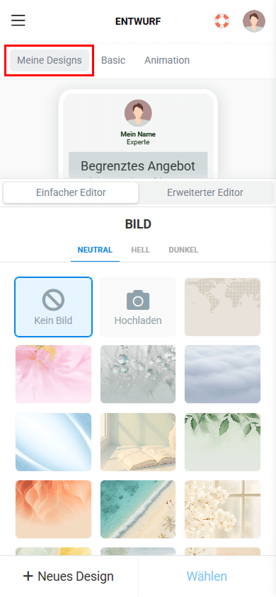 Der Tab Meine Designs in der Taplink-Oberfläche ist hervorgehoben