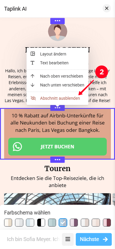Auswählen der Option Abschnitt ausblenden im Dropdown-Menü der Abschnitts­einstellungen