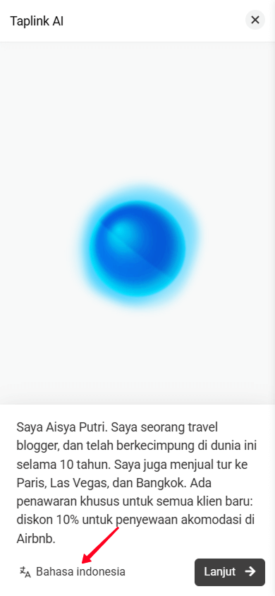 Mengetuk tombol pengaturan bahasa di Taplink AI