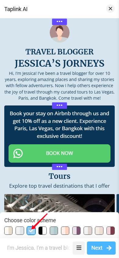 A blue color scheme applied to a page generated in the Taplink AI editor