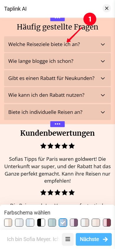 Tippen auf den FAQ-Abschnitt in der Taplink AI-Seitenoberfläche