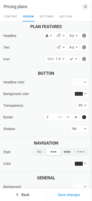 Pricing plans design tab displaying plan features, button, and navigation icon settings