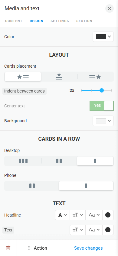 Design tab featuring layout, cards in a row, and text settings in the Media and text block