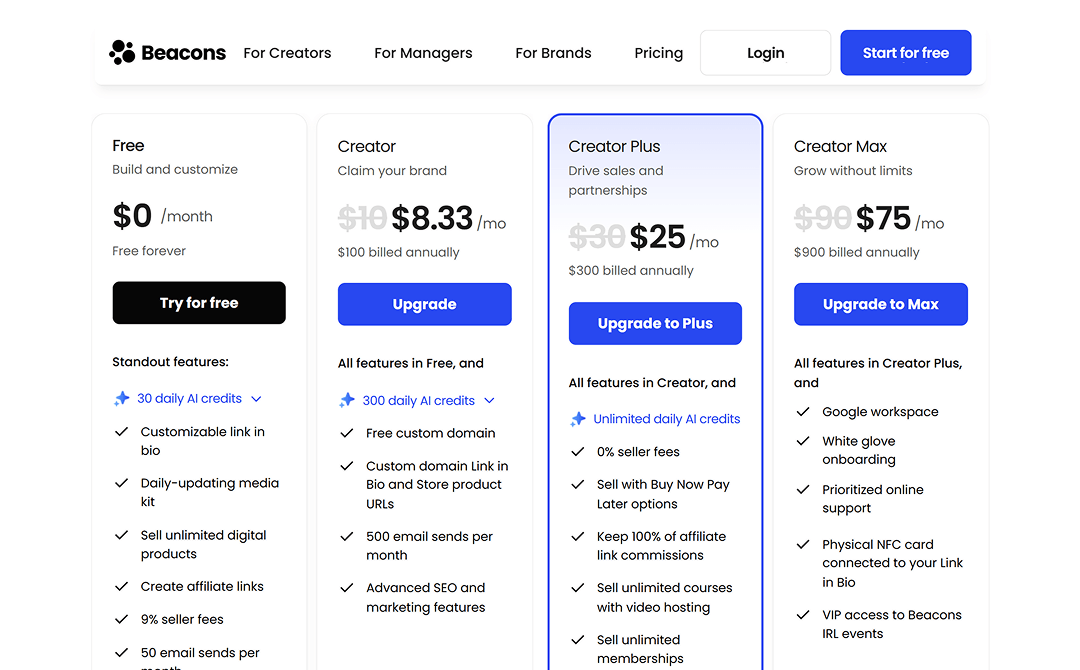 Pricing page on the Beacons.ai website