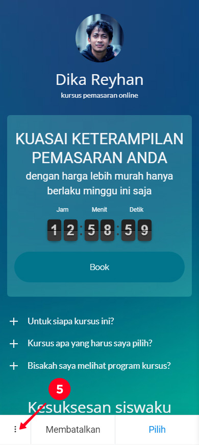 Mengetuk ikon tiga titik dalam mode pratinjau templat