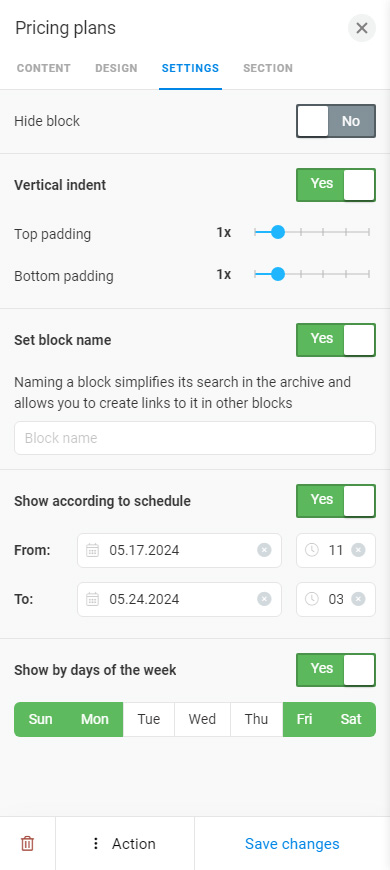 Activated Vertical indent, Set block name, Show according to schedule, Show by days of the week features