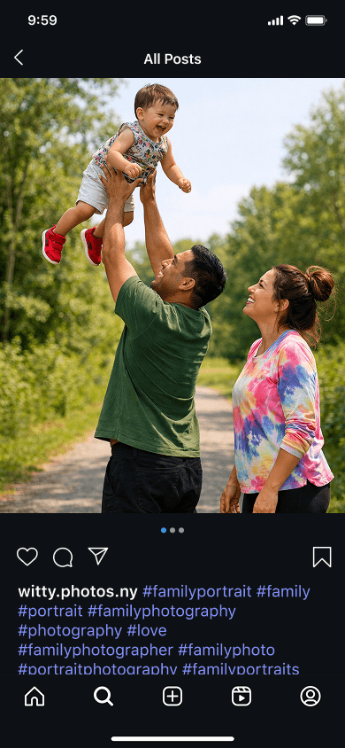 An Instagram photographer’s post featuring an image of a family in the park and family photography hashtags