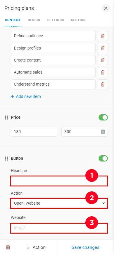 Highlighted fields in the button settings