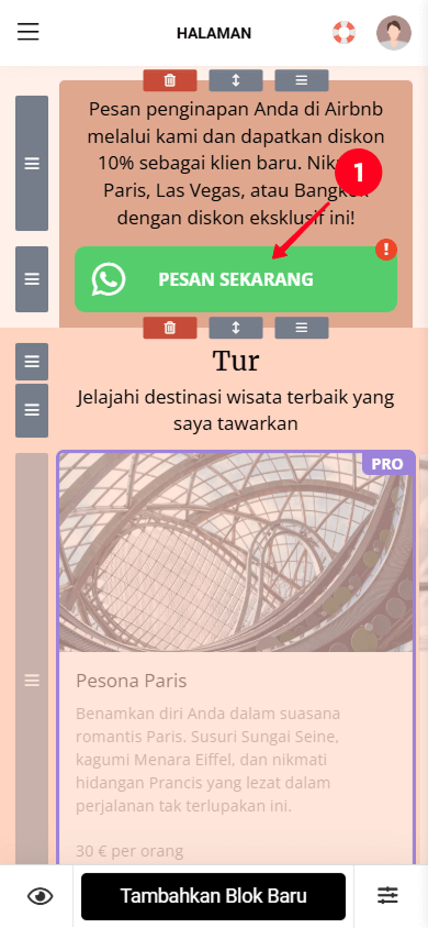 Mengetuk blok Pesan di pembuat halaman Taplink