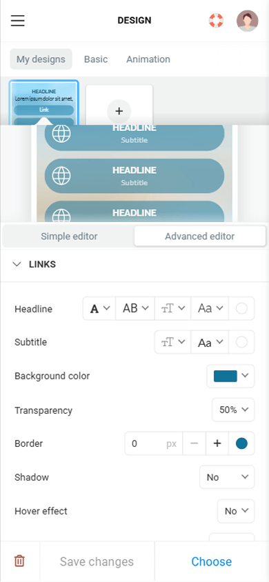 Advanced Taplink design editor for detailed website customization