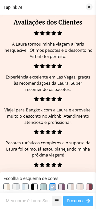A seção Avaliações com um layout de estrelas e texto