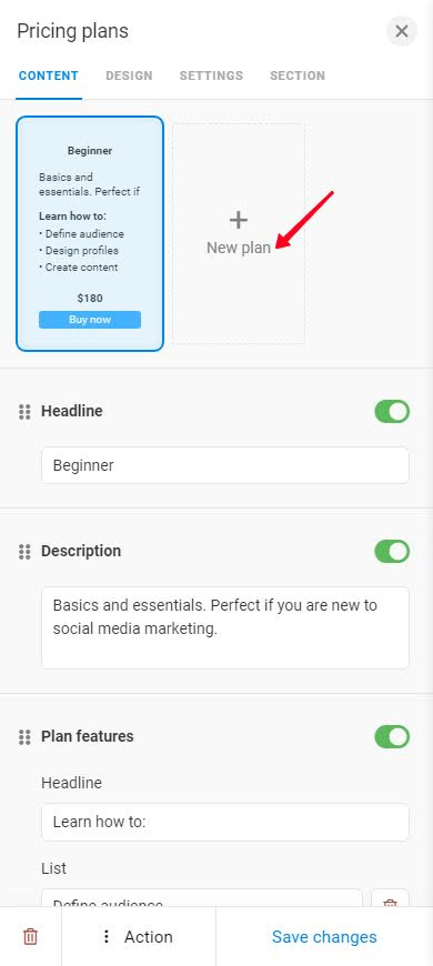 Tapping New plan in the settings of a Pricing plans block